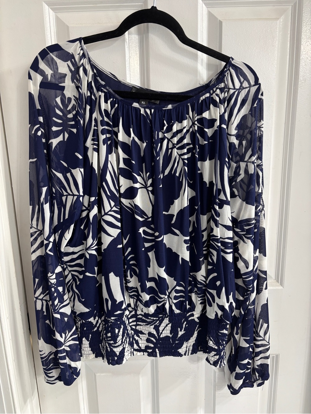 Harper Navy and White Leaf-Print Peasant Tunic